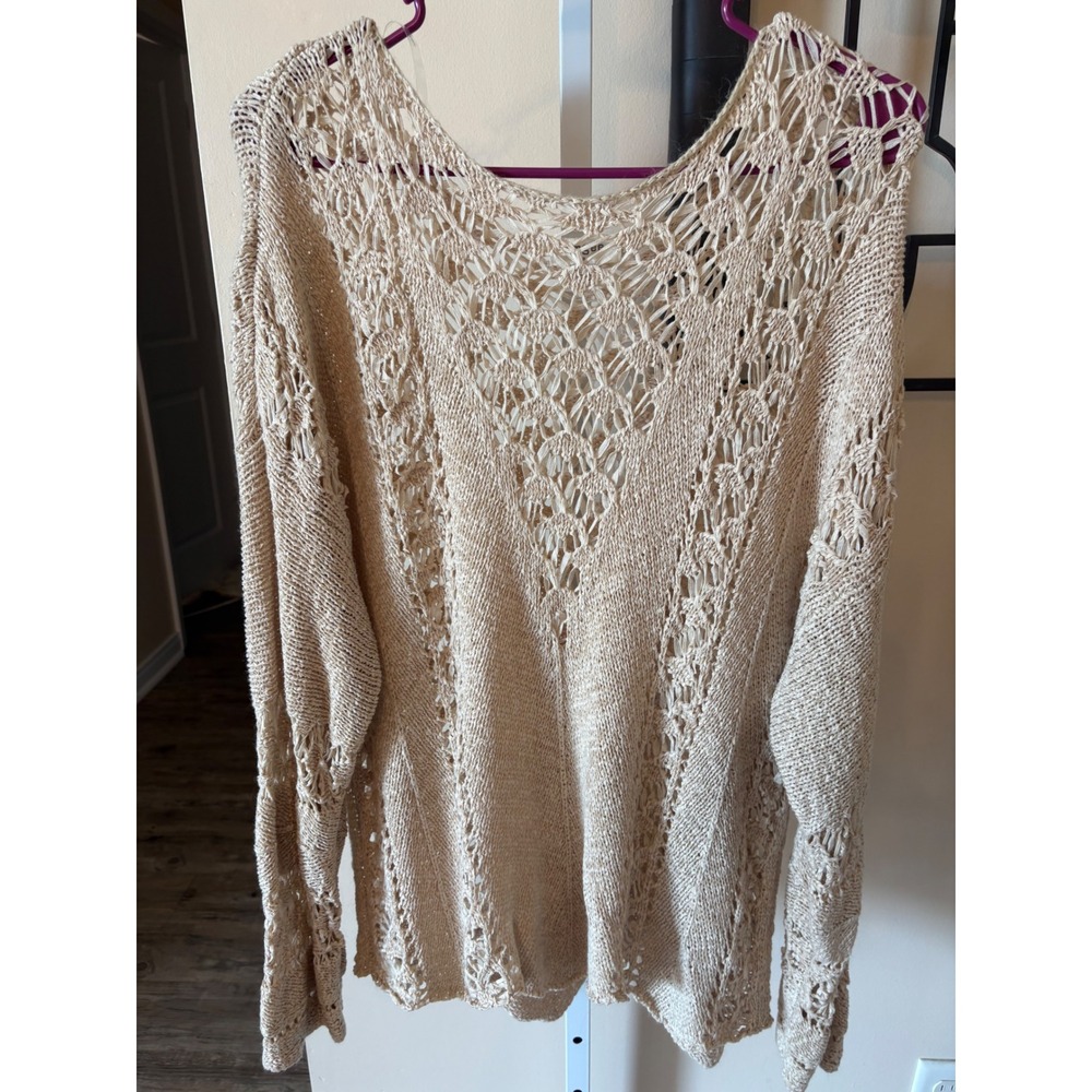 Umgee USA Women Beige Open Knit Crochet Sweater Large Boho Scoop Neck Layering